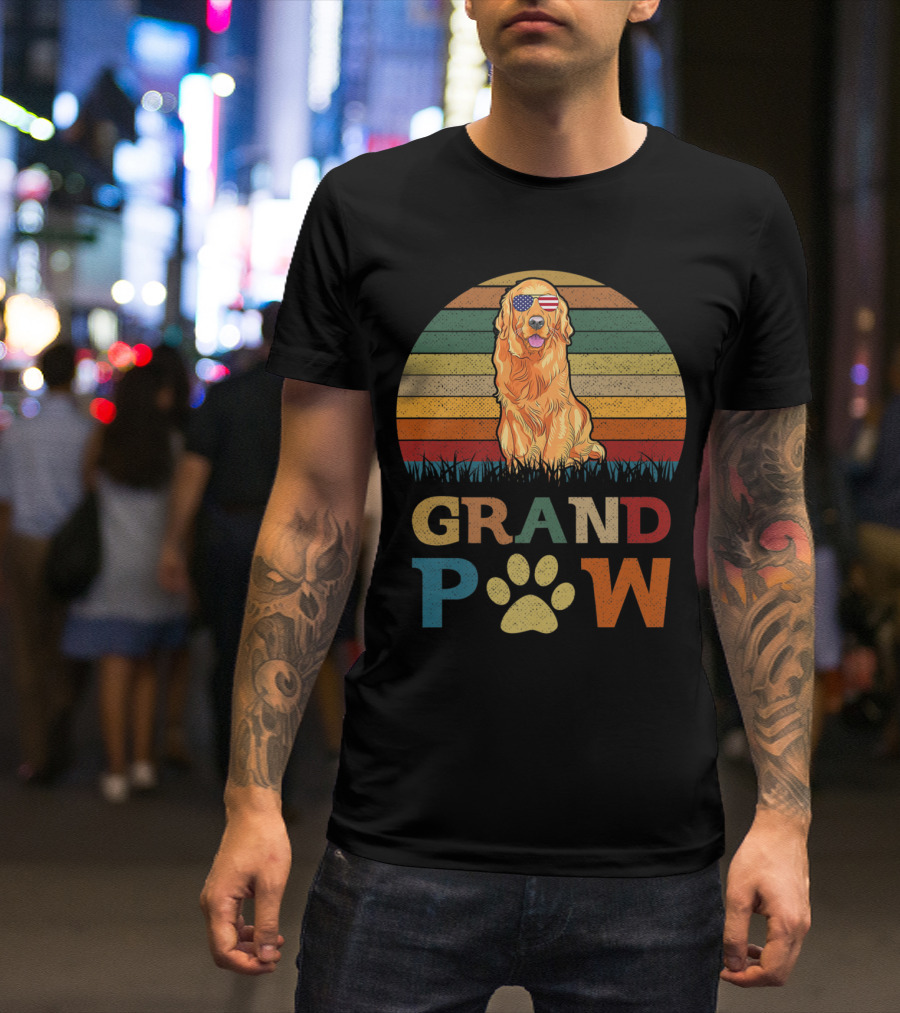 Grandpaw Golden Retriever Dog With American Flag Sunglasses Retro Sunset T-Shirt