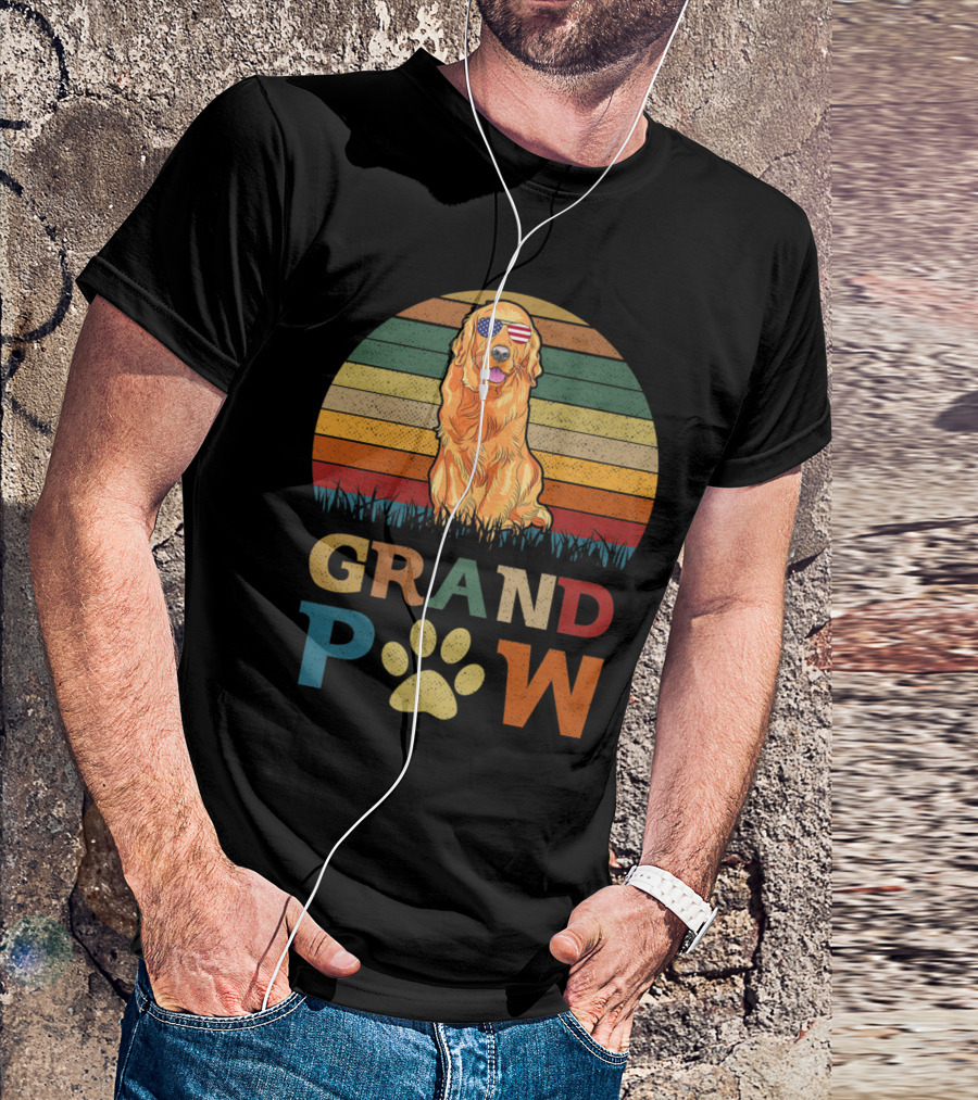 Grandpaw Golden Retriever Dog With American Flag Sunglasses Retro Sunset T-Shirt