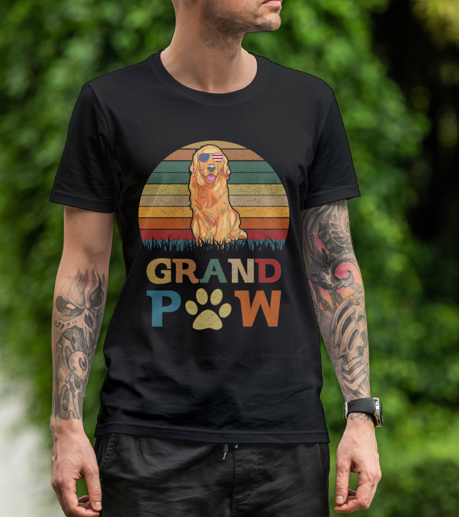 Grandpaw Golden Retriever Dog With American Flag Sunglasses Retro Sunset T-Shirt