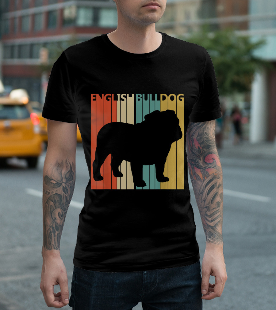 English Bulldog Silhouette Retro Stripes T-Shirt