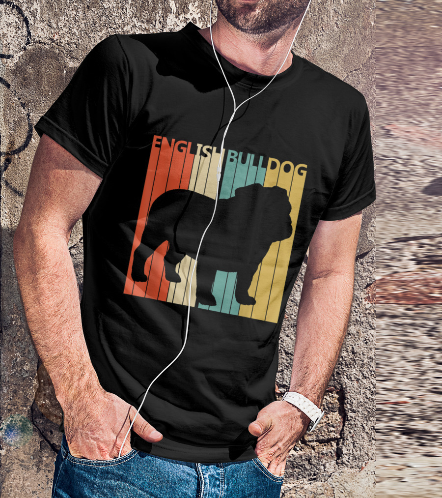 English Bulldog Silhouette Retro Stripes T-Shirt