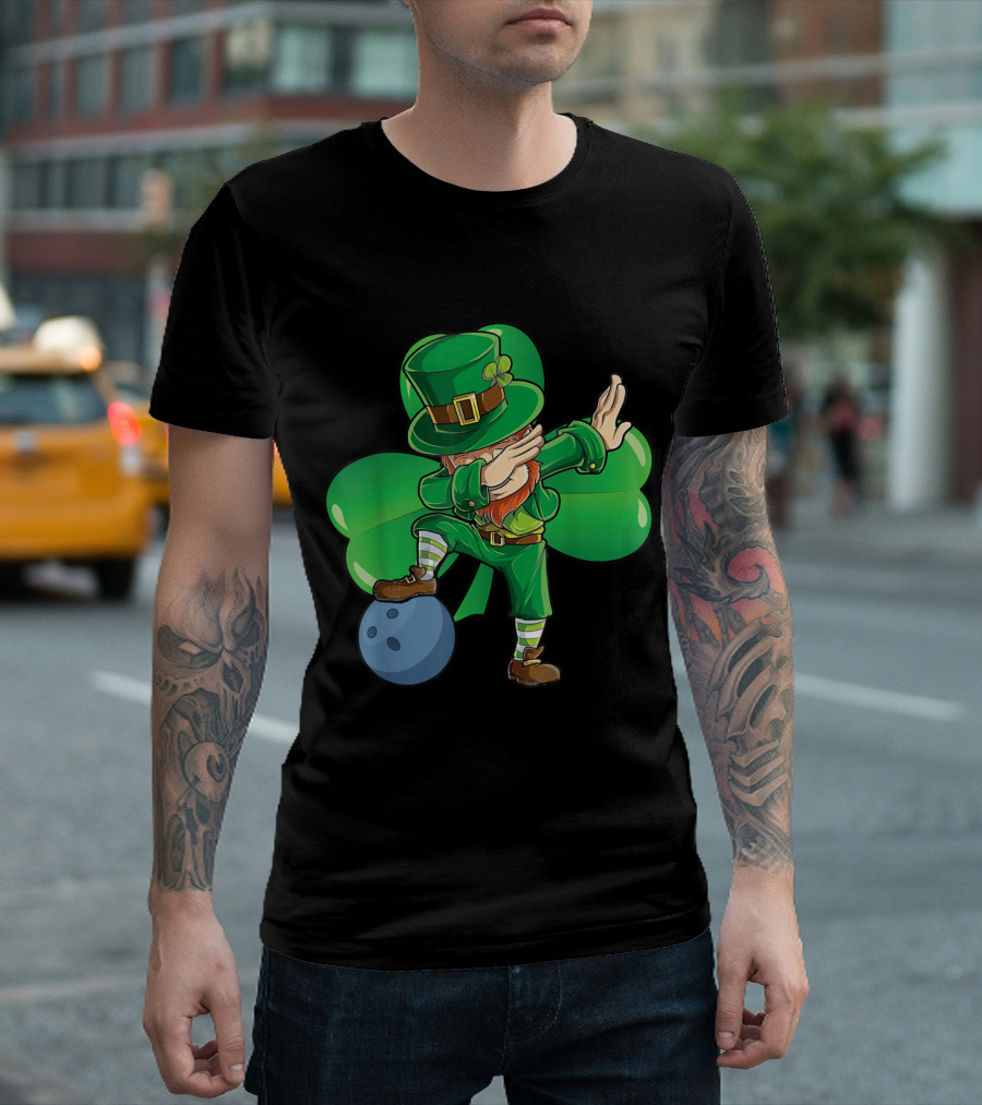 Leprechaun Dabbing on Bowling Ball with Shamrock Background T-Shirt