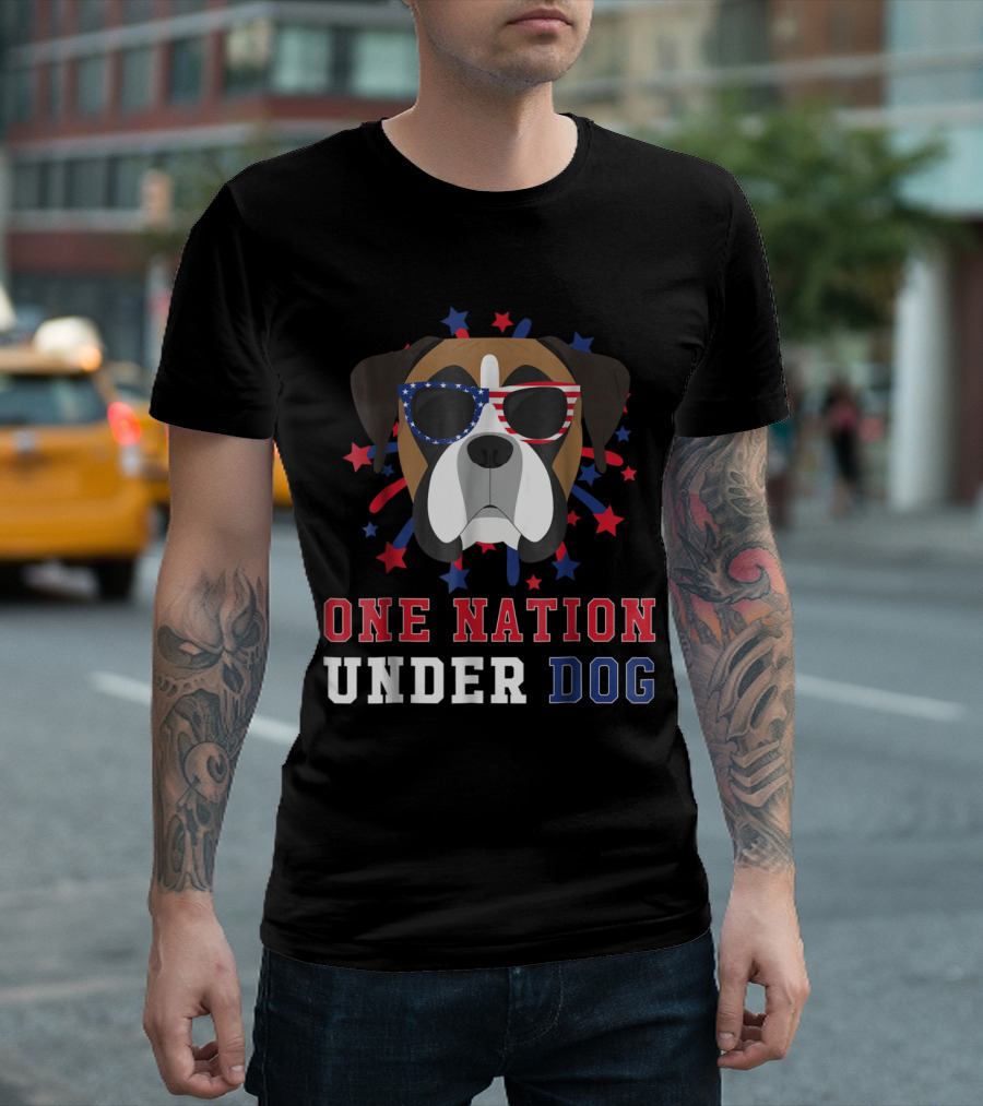 Patriotic Boxer Dog with Sunglasses One Nation Under Dog T-Shirt