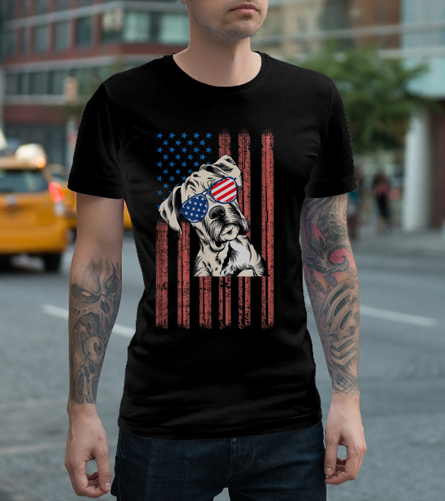 Boxer Dog with American Flag Sunglasses and Stars and Stripes for 4th of July T-Shirt