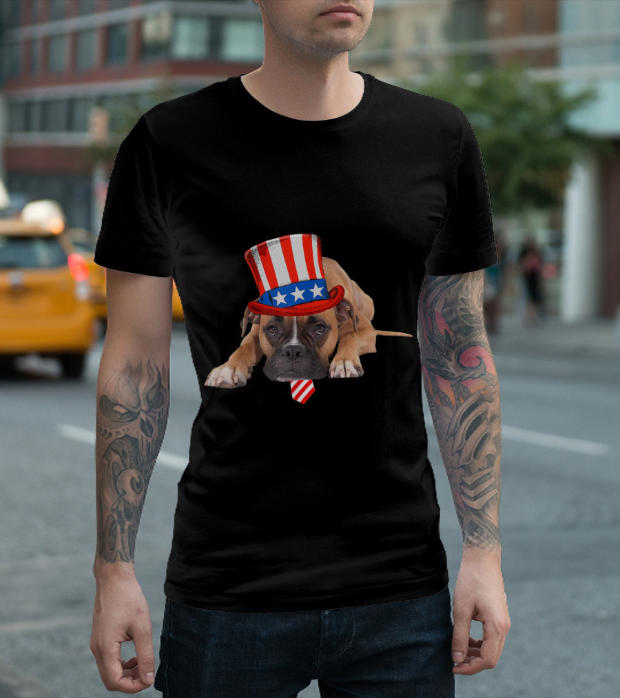 Boxer Dog 4th Of July Patriotic Stars And Stripes Top Hat T-Shirt