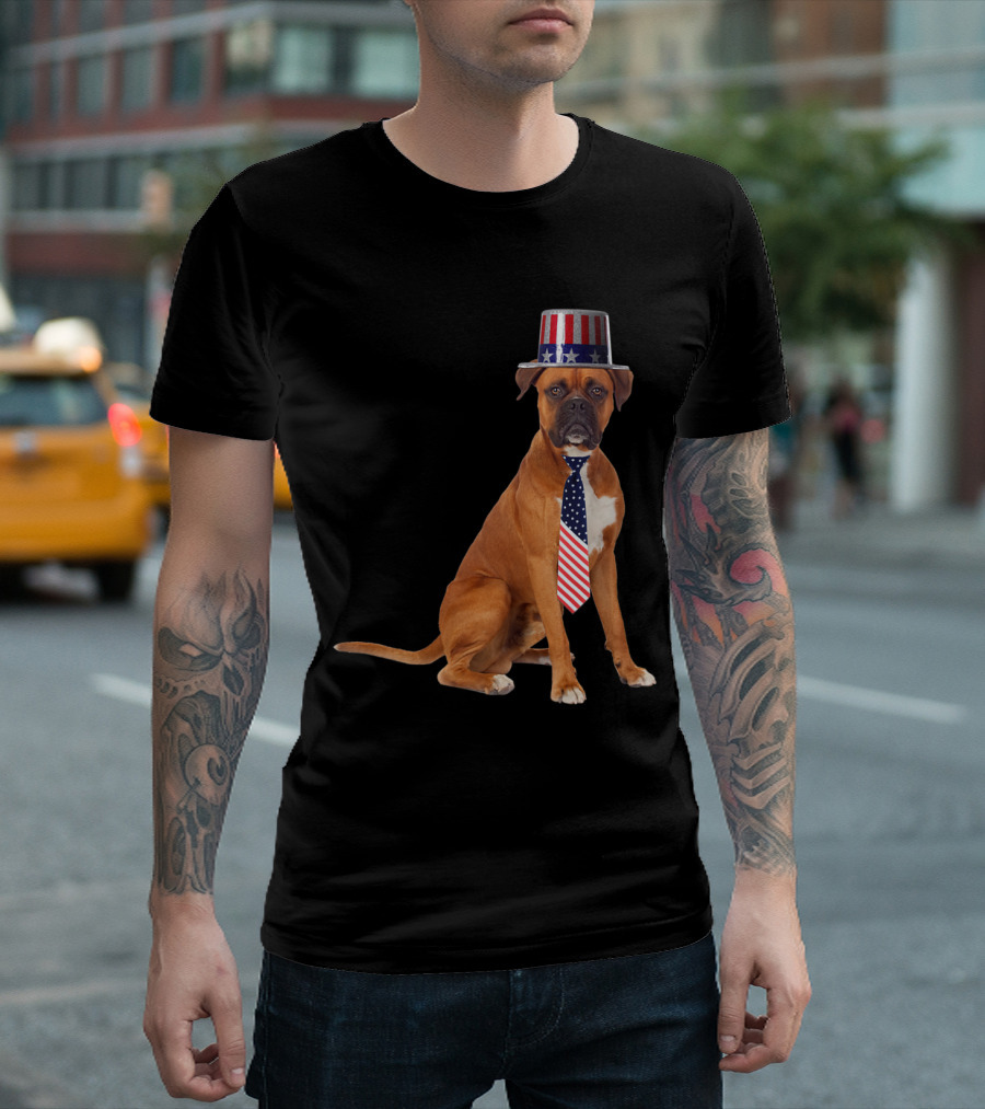 Boxer Dog with Patriotic 4th of July Top Hat and American Flag Tie T-Shirt