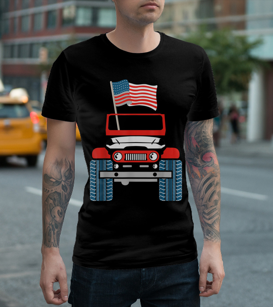 Patriotic Jeep with American Flag 4th of July USA Merica T-Shirt