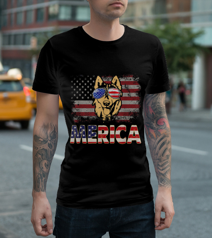 Husky Dog With American Flag Sunglasses Merica 4th Of July T-Shirt