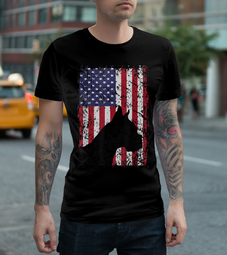 Boxer Dog Silhouette With Distressed American Flag For 4th Of July In Red White And Blue T-Shirt