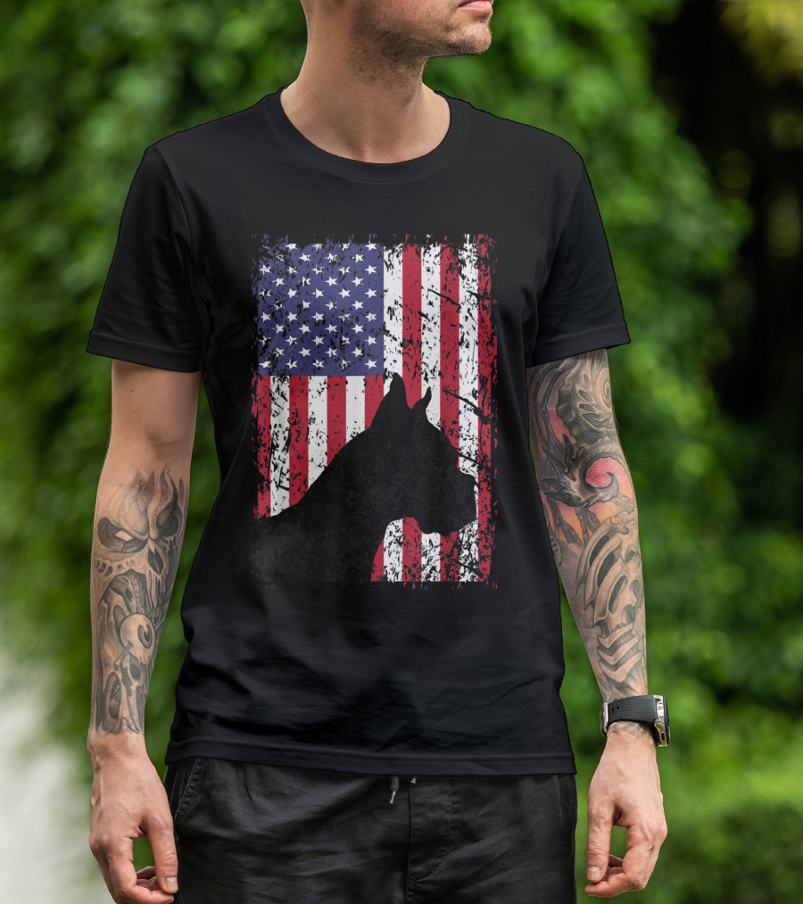 Boxer Dog Silhouette With Distressed American Flag For 4th Of July In Red White And Blue T-Shirt