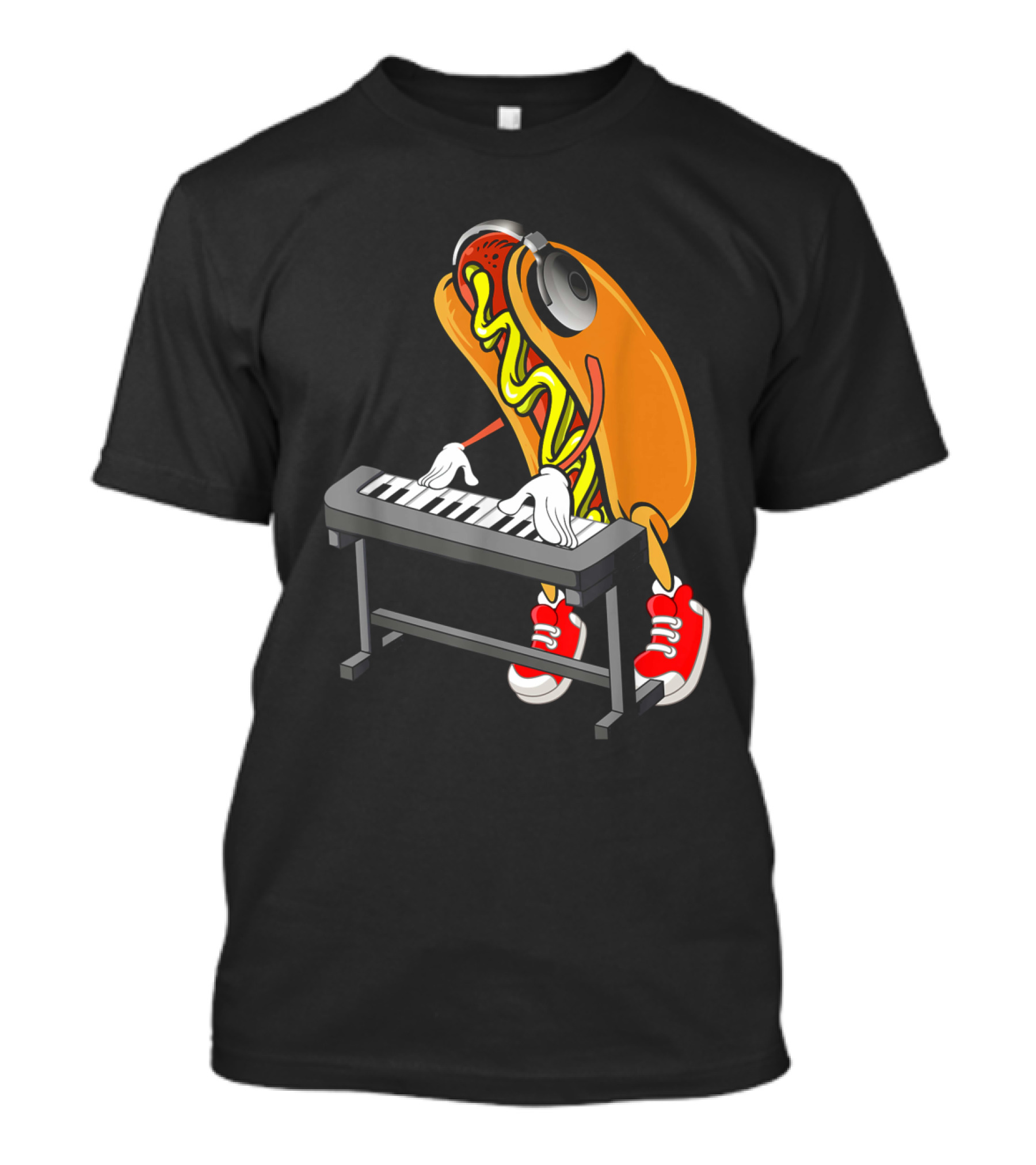 Hot Dog Playing Keyboard With Headphones And Red Sneakers T-Shirt
