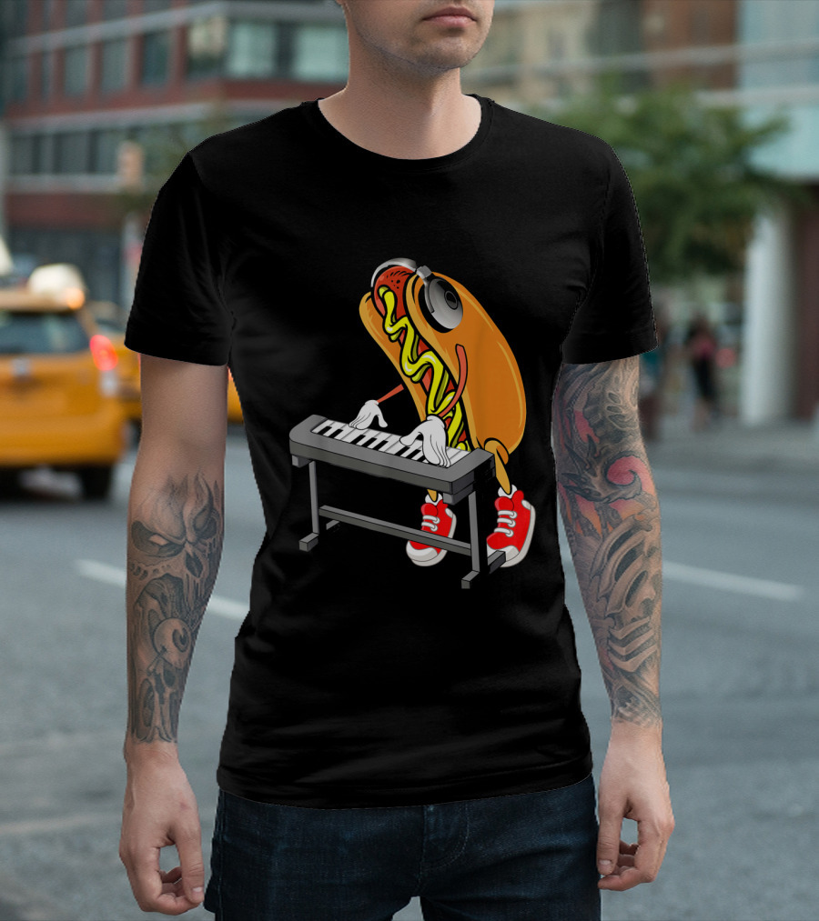 Hot Dog Playing Keyboard With Headphones And Red Sneakers T-Shirt