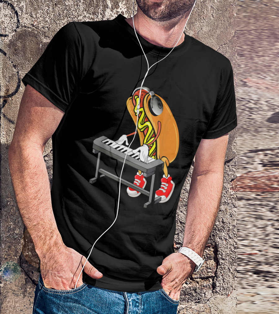 Hot Dog Playing Keyboard With Headphones And Red Sneakers T-Shirt