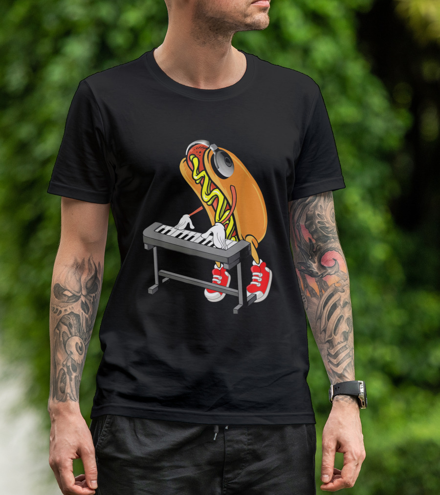 Hot Dog Playing Keyboard With Headphones And Red Sneakers T-Shirt