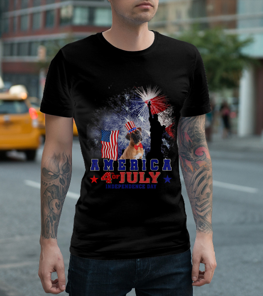 Boxer Dog in Patriotic Hat with American Flags and Statue of Liberty 4th of July Independence Day T-Shirt