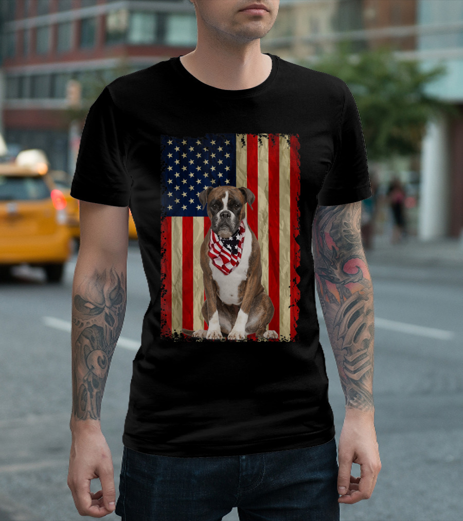 Boxer Dog with American Flag Background for 4th of July Independence Day T-Shirt