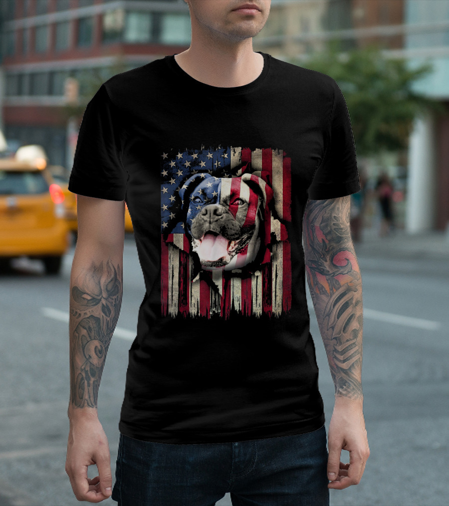 Boxer Dog Head with American Flag Fourth of July T-Shirt