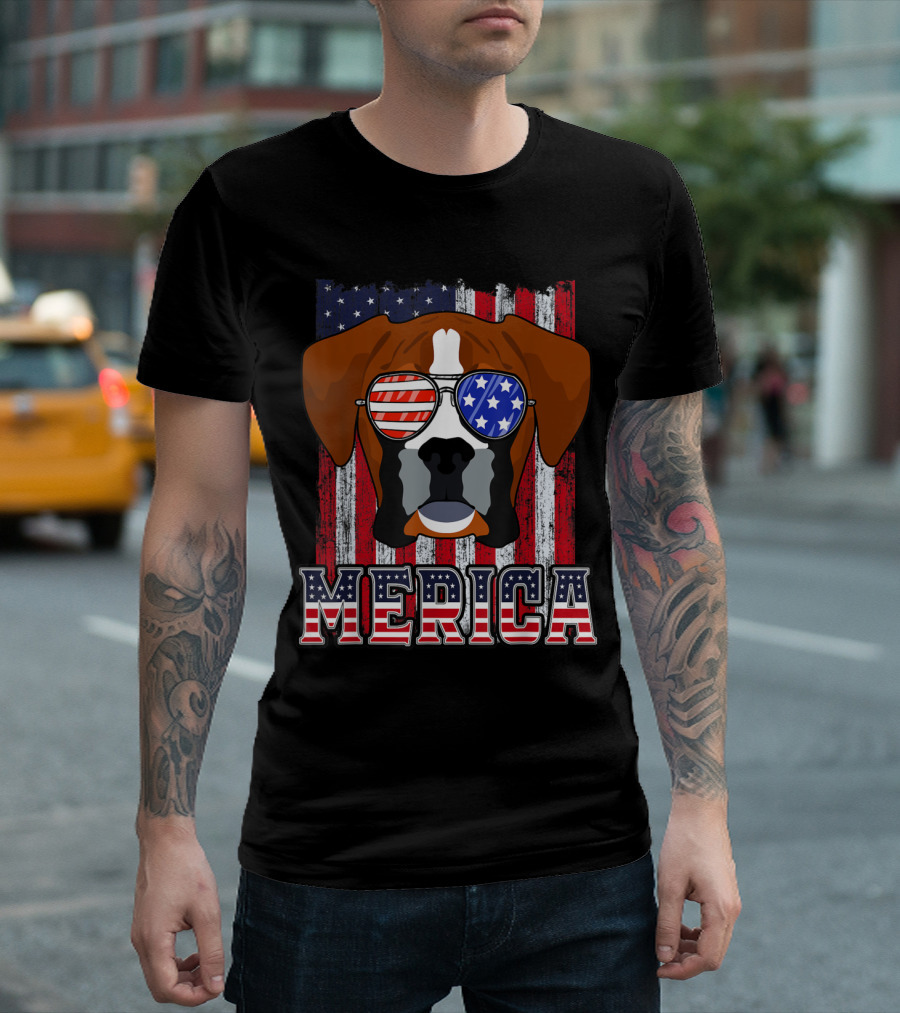 Boxer Dog American Flag Sunglasses Merica 4th of July Patriotic T-Shirt