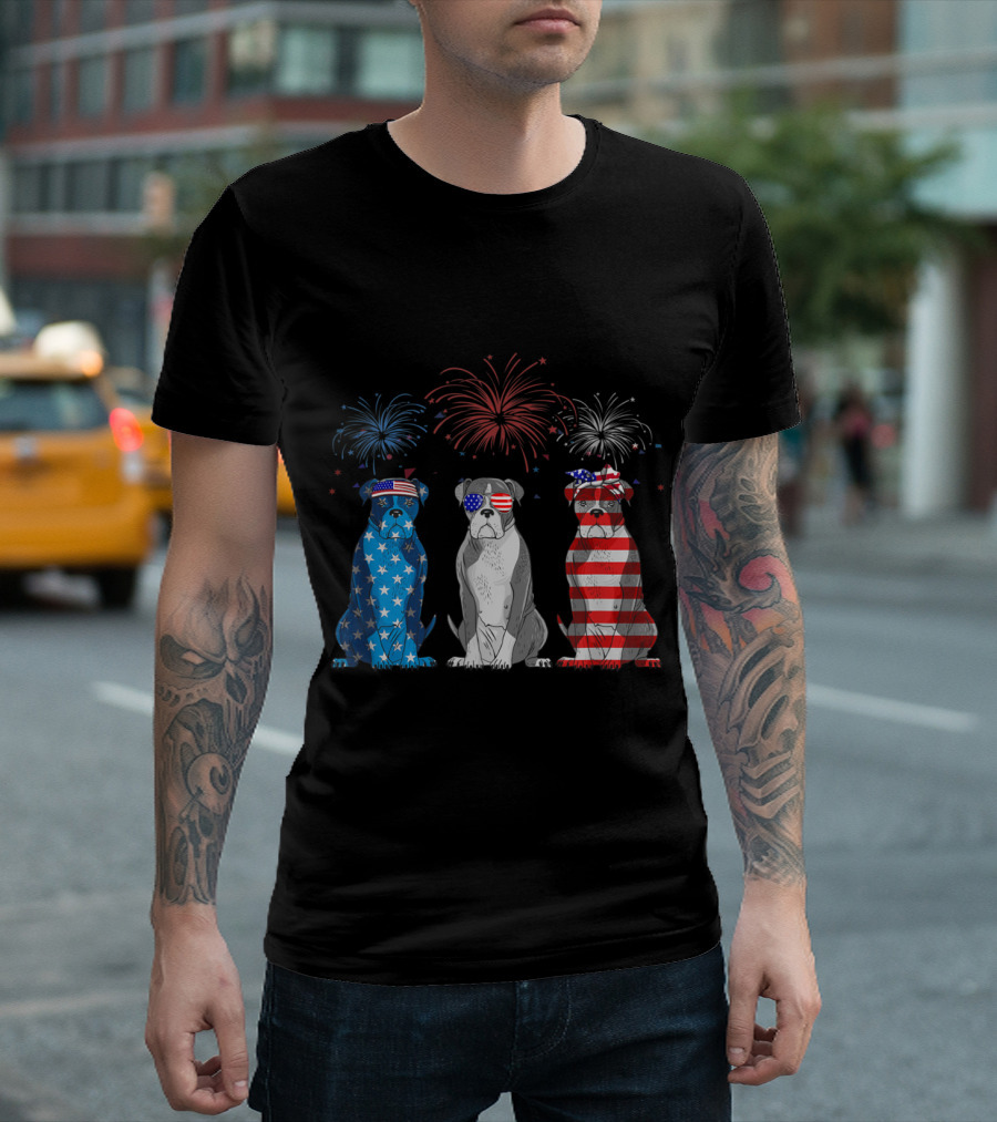 Boxer American Flag USA Fireworks Patriotic Bulldog Trio T-Shirt