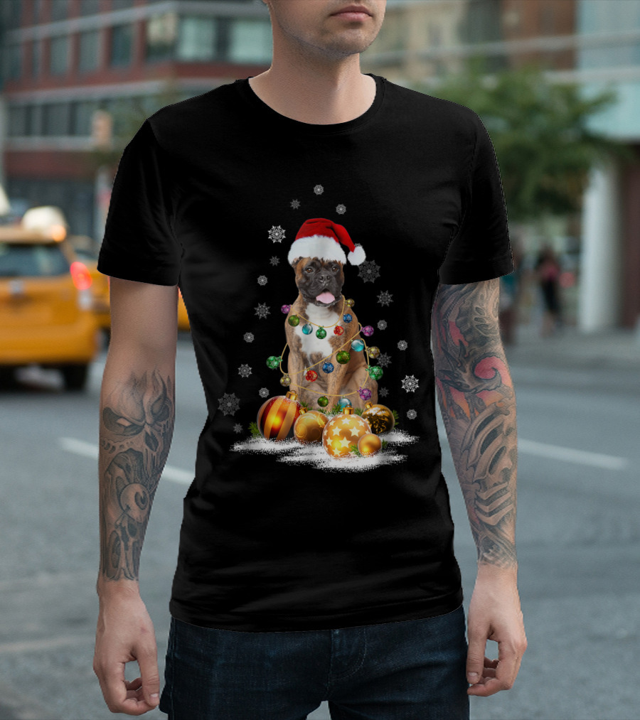 Boxer Christmas Dog with Santa Hat and Festive Ornaments T-Shirt