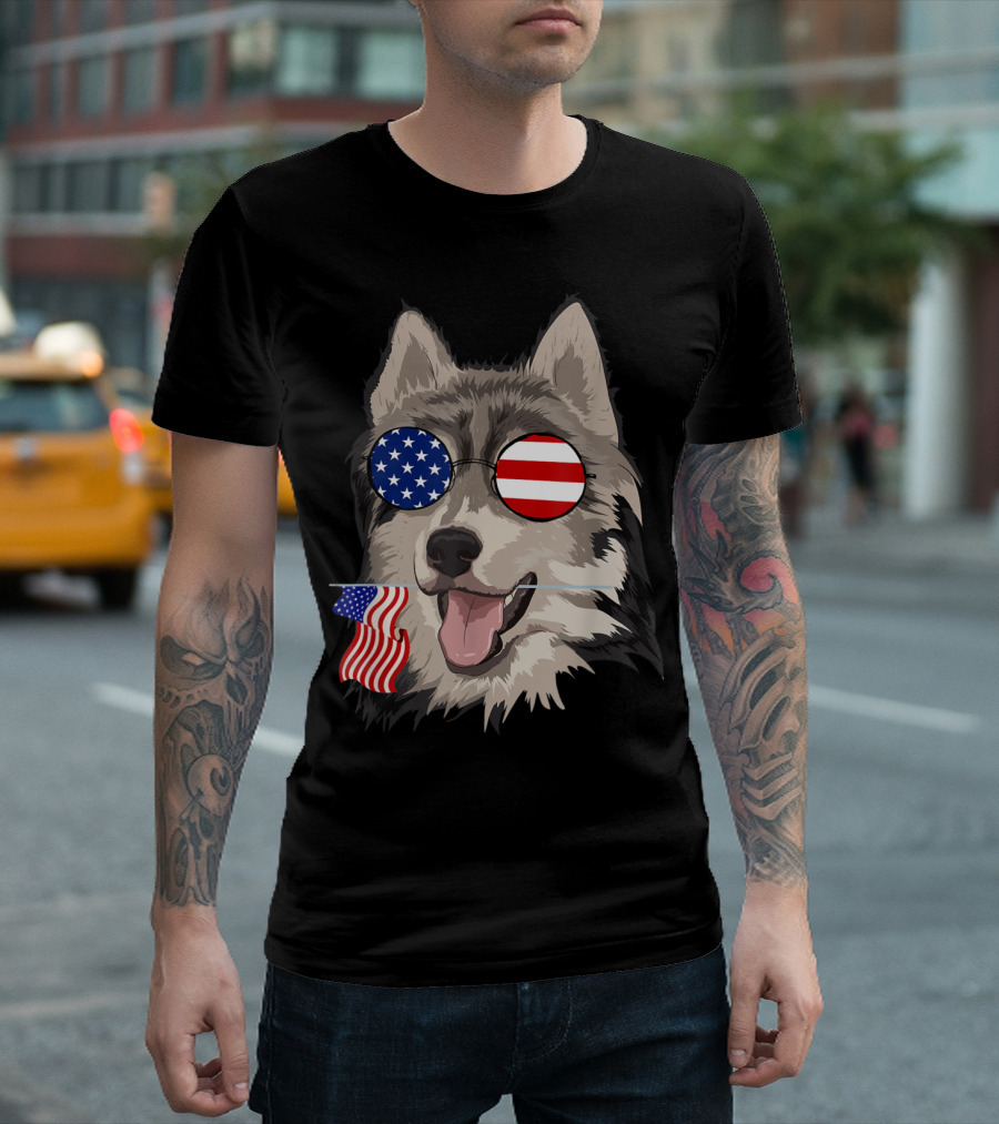 Funny Husky Dog with US Flag Sunglasses and American Flags T-Shirt