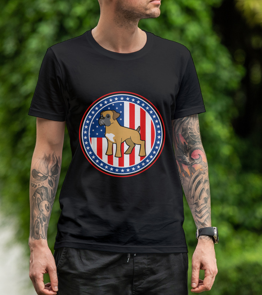 Boxer Dog American Flag 4th Of July Stars And Stripes Circular Emblem T-Shirt