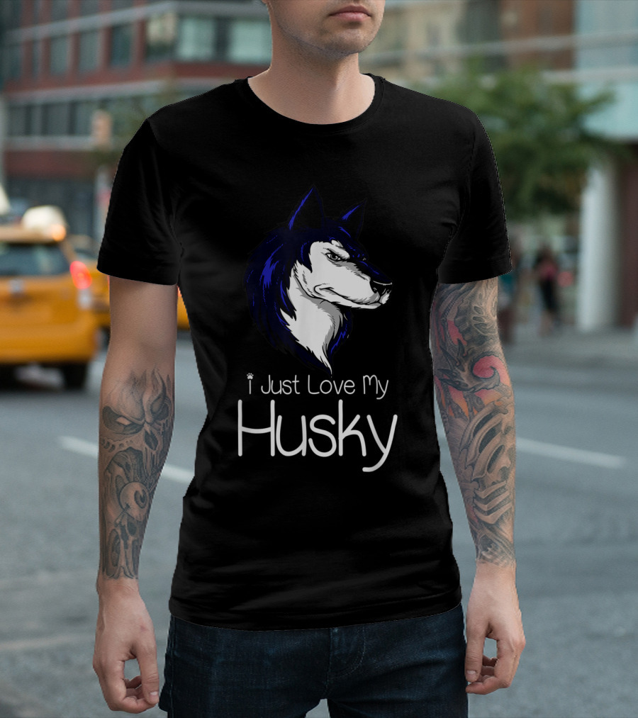 I Just Love My Husky Dog Drawing Blue and White Face T-Shirt