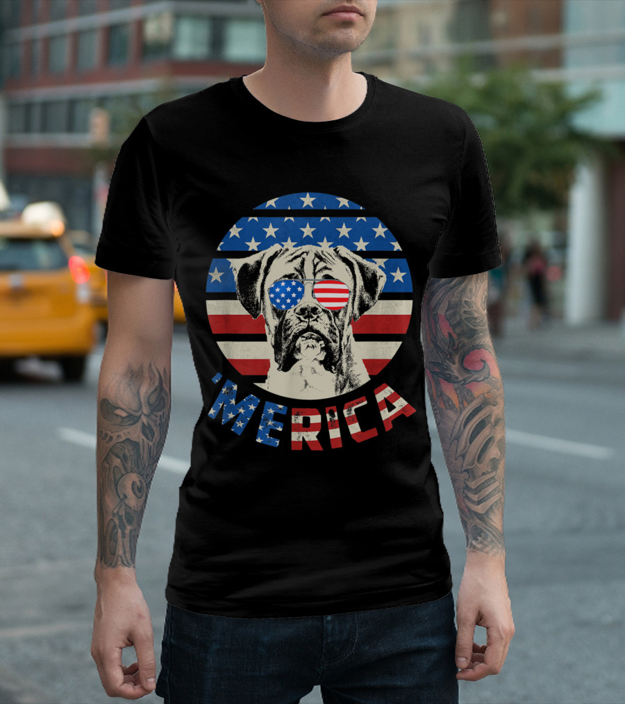 Boxer Dog Wearing American Flag Sunglasses 'Merica USA Flag Background T-Shirt