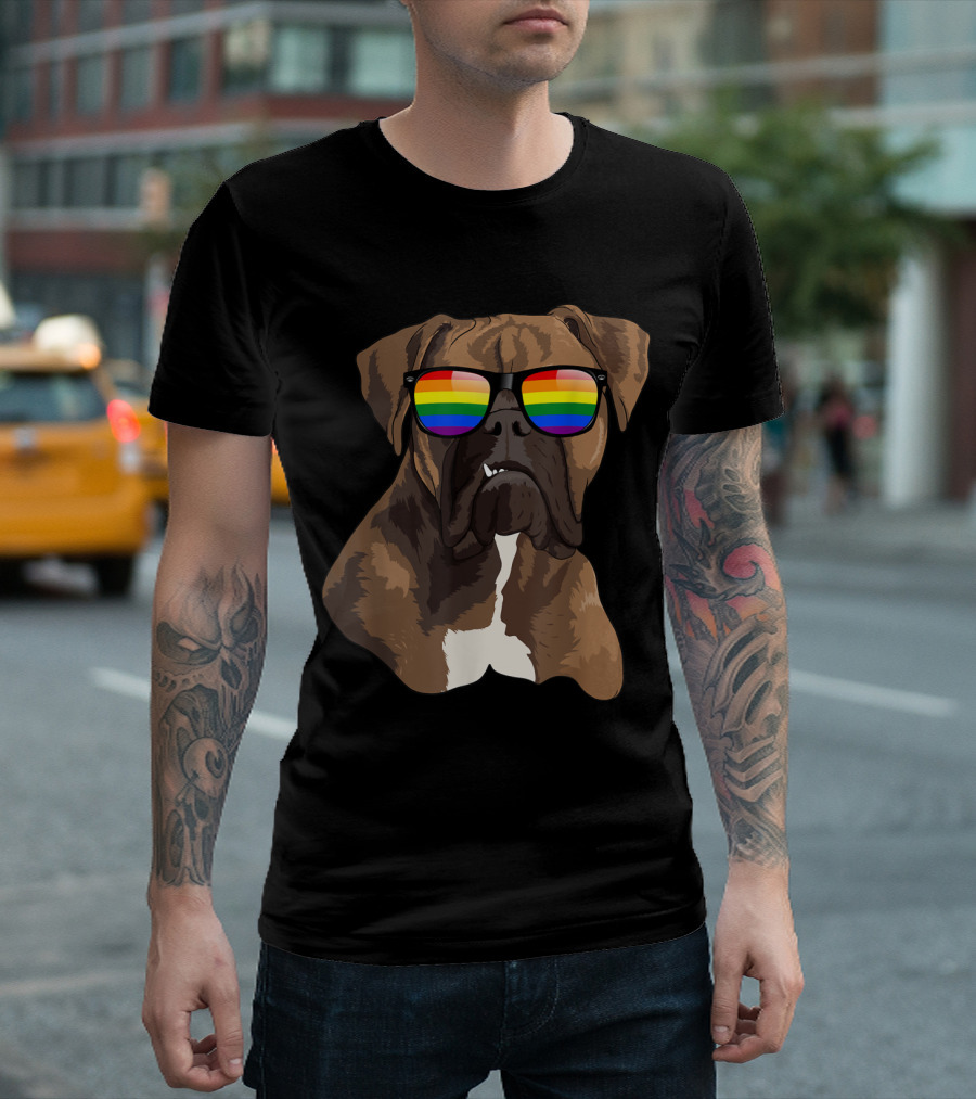 Boxer Dog Face Rainbow Sunglasses Pride T-Shirt