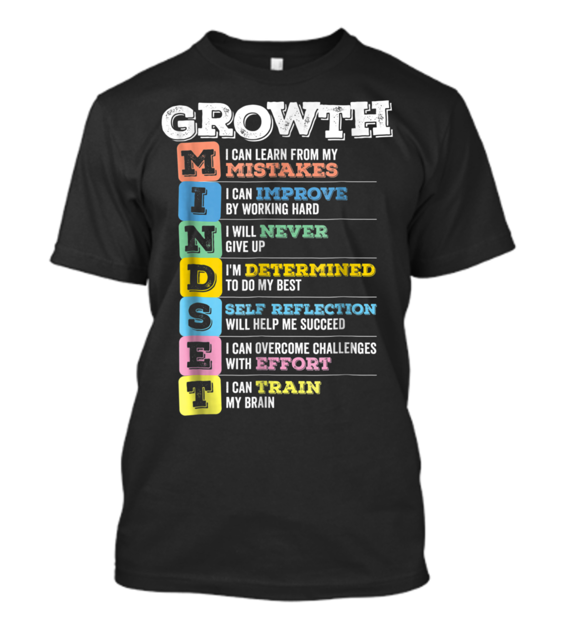 Growth Mindset I Can Learn Improve Never Determined Self Reflection Effort Train Brain T-Shirt