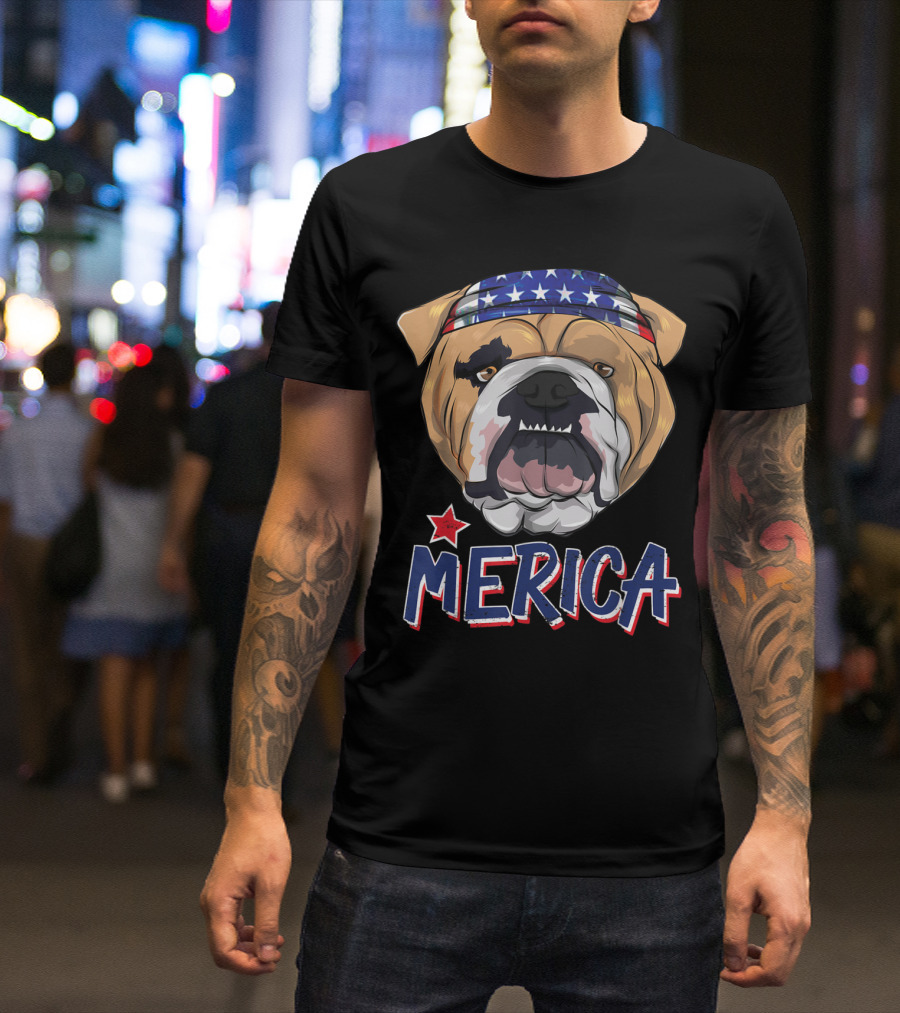 Grumpy English Bulldog Merica Star Bandana T-Shirt