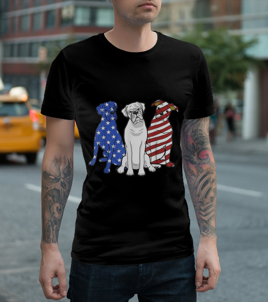 Boxer Dog Trio American Flag Stars and Stripes Merica Pat T-Shirt