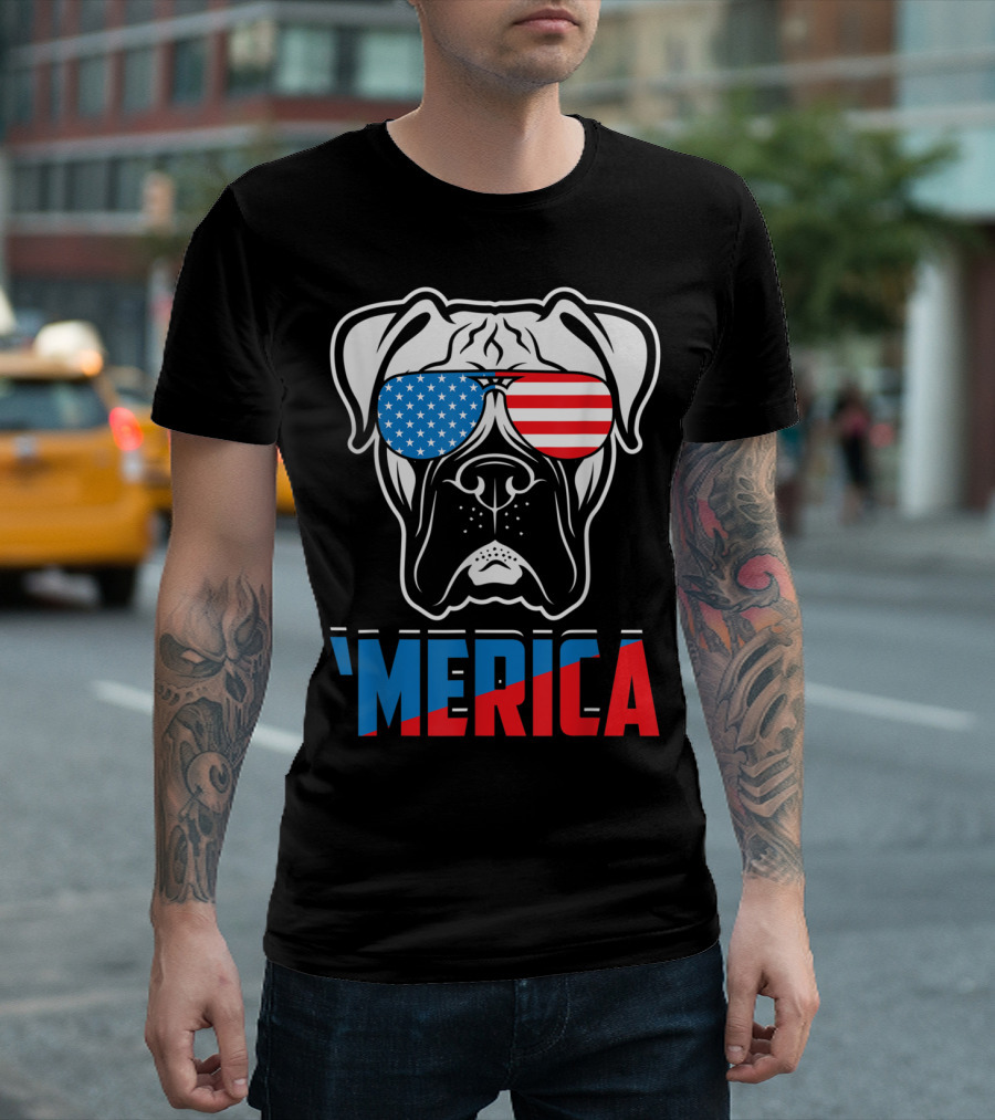 Boxer Dog 'Merica USA Flag Sunglasses Patriot T-Shirt