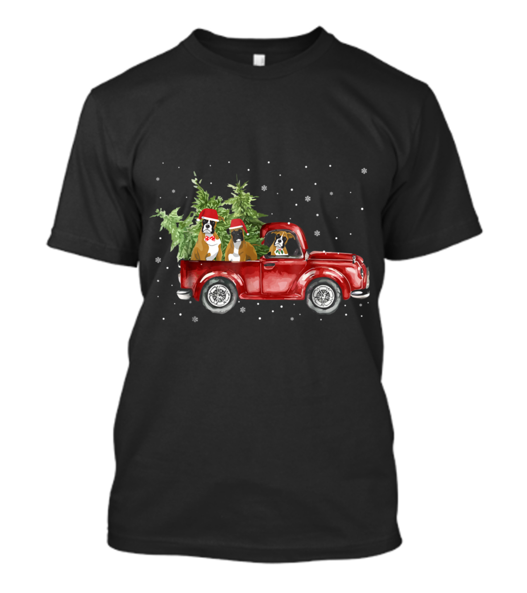 Boxer Dogs In Santa Hats Riding Red Pickup Truck With Christmas Trees In Snow T-Shirt