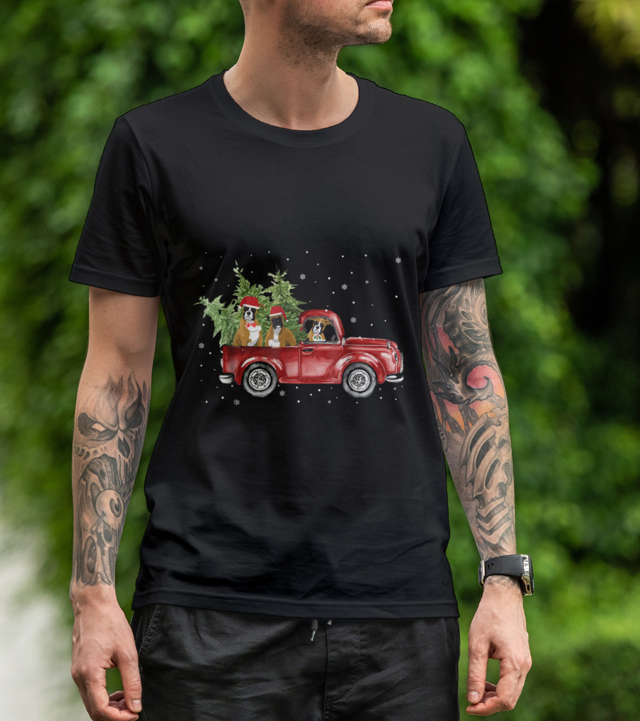Boxer Dogs In Santa Hats Riding Red Pickup Truck With Christmas Trees In Snow T-Shirt
