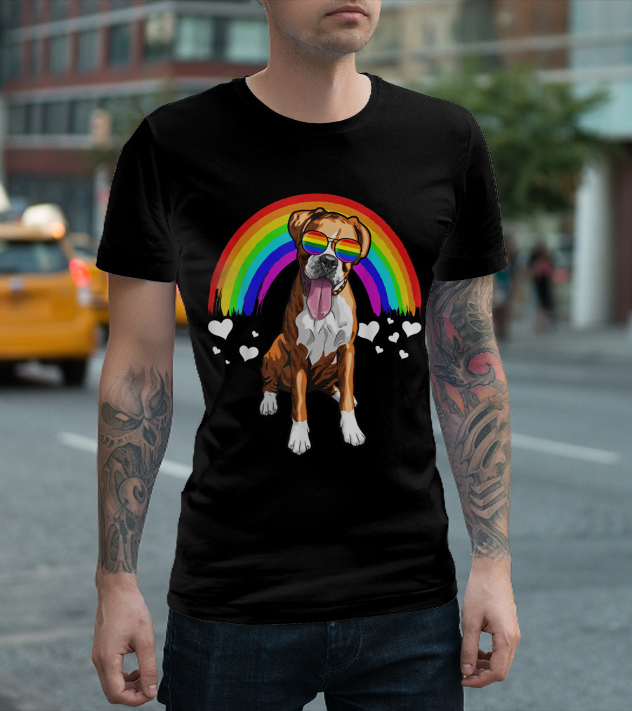 Boxer Dog With Rainbow Sunglasses And Hearts Pride LGBT T-Shirt