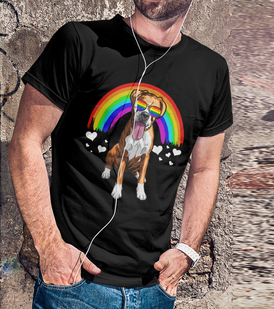 Boxer Dog With Rainbow Sunglasses And Hearts Pride LGBT T-Shirt