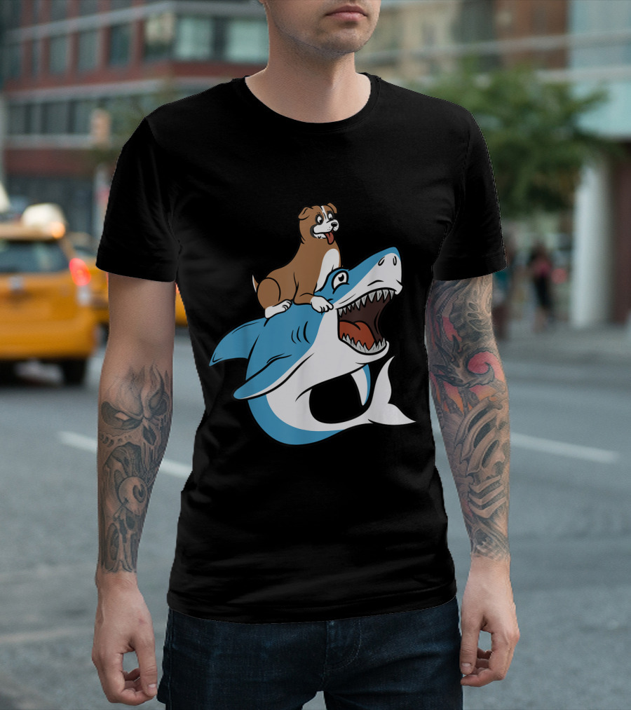 Boxer Dog Riding Giant Shark T-Shirt