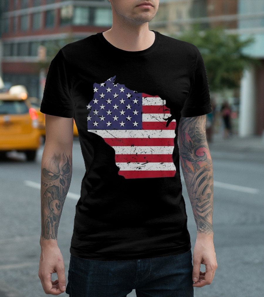Wisconsin Map American Flag T-Shirt