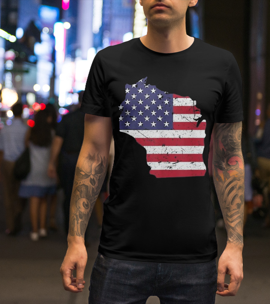 Wisconsin Map American Flag T-Shirt