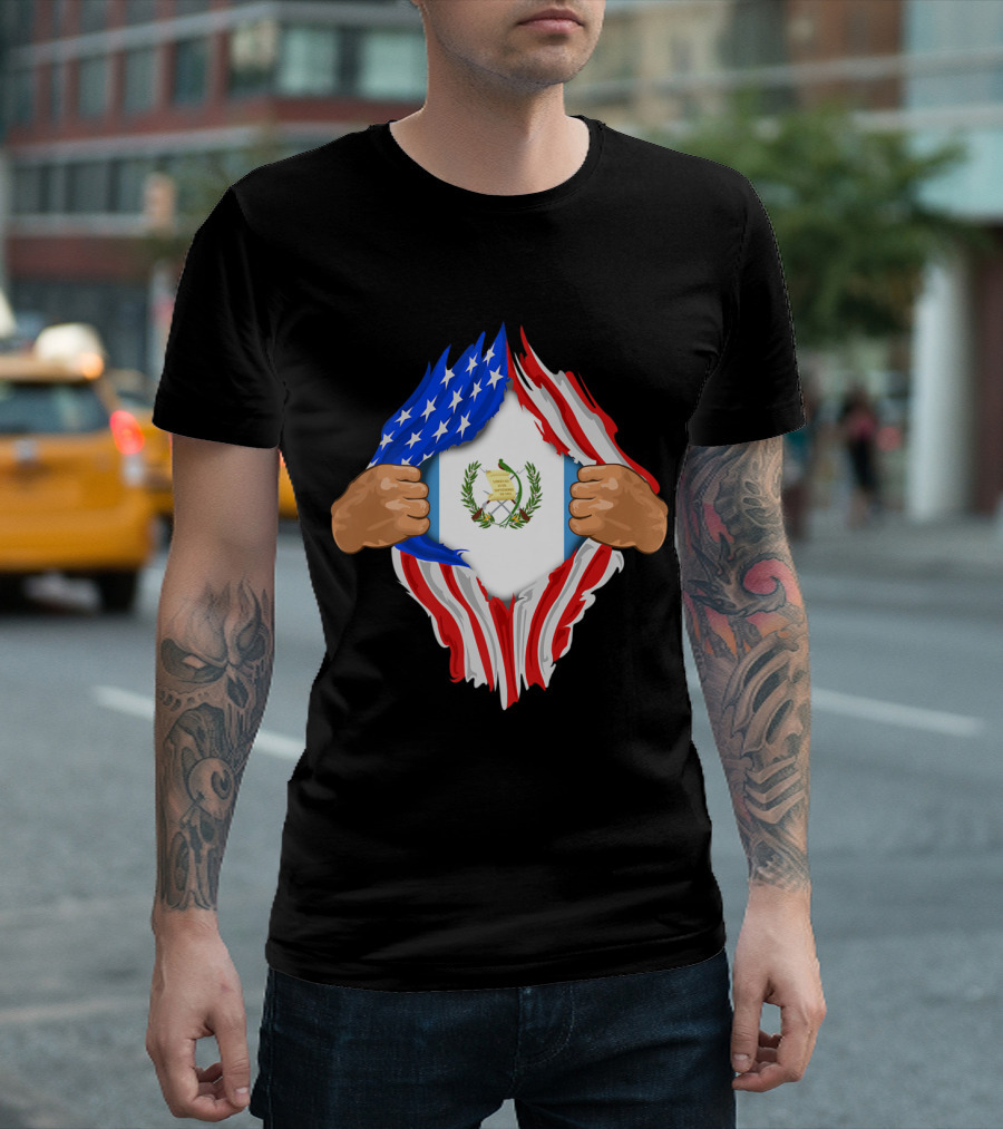 Guatemalan Blood Inside Me American Flag Guatemalan Coat Of Arms T-Shirt