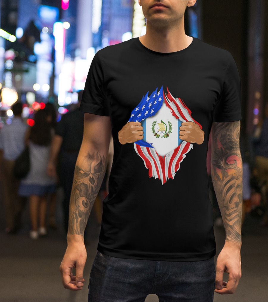Guatemalan Blood Inside Me American Flag Guatemalan Coat Of Arms T-Shirt