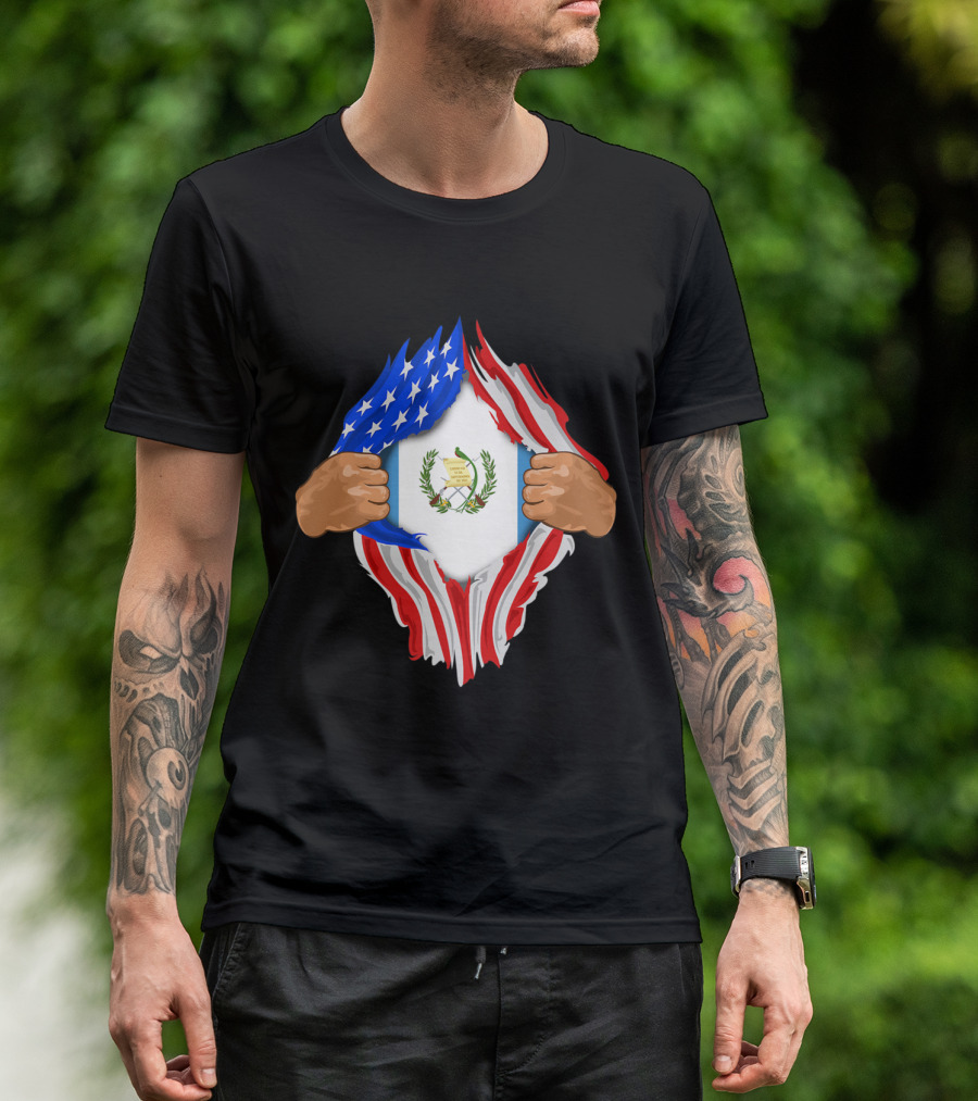 Guatemalan Blood Inside Me American Flag Guatemalan Coat Of Arms T-Shirt
