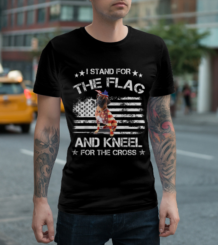I Stand For The Flag And Kneel For The Cross Boxer Dog American Flag T-Shirt