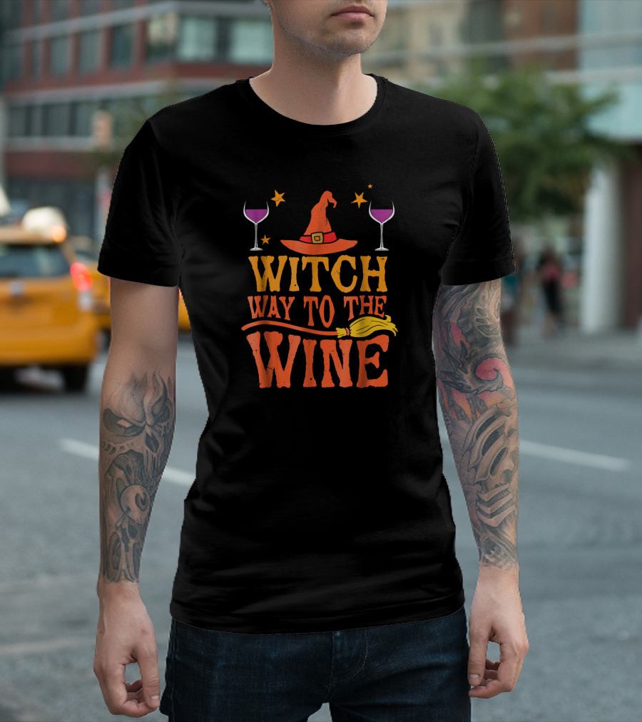 Witch Way To The Wine Broom Hat Stars Goblets T-Shirt