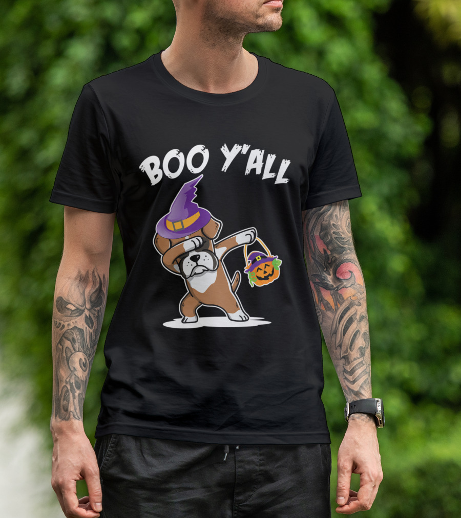 Boo Y'all Boxer Dog Witch Dabbing With Pumpkin Face T-Shirt