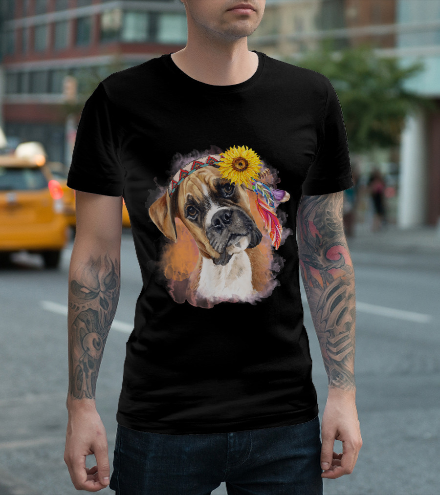 Boxer Dog With Sunflower Headdress and Native American Feathers T-Shirt