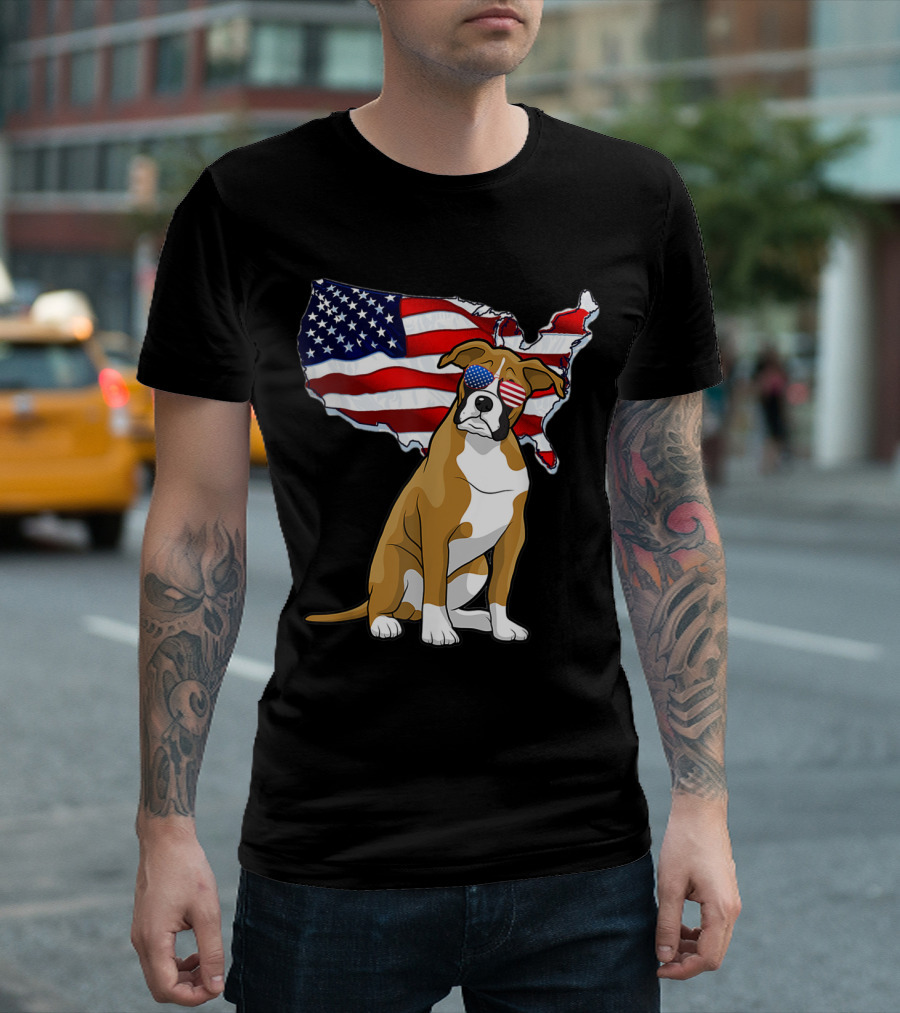 Boxer Funny Puppy Dog American Flag USA Patriotic Glasses T-Shirt