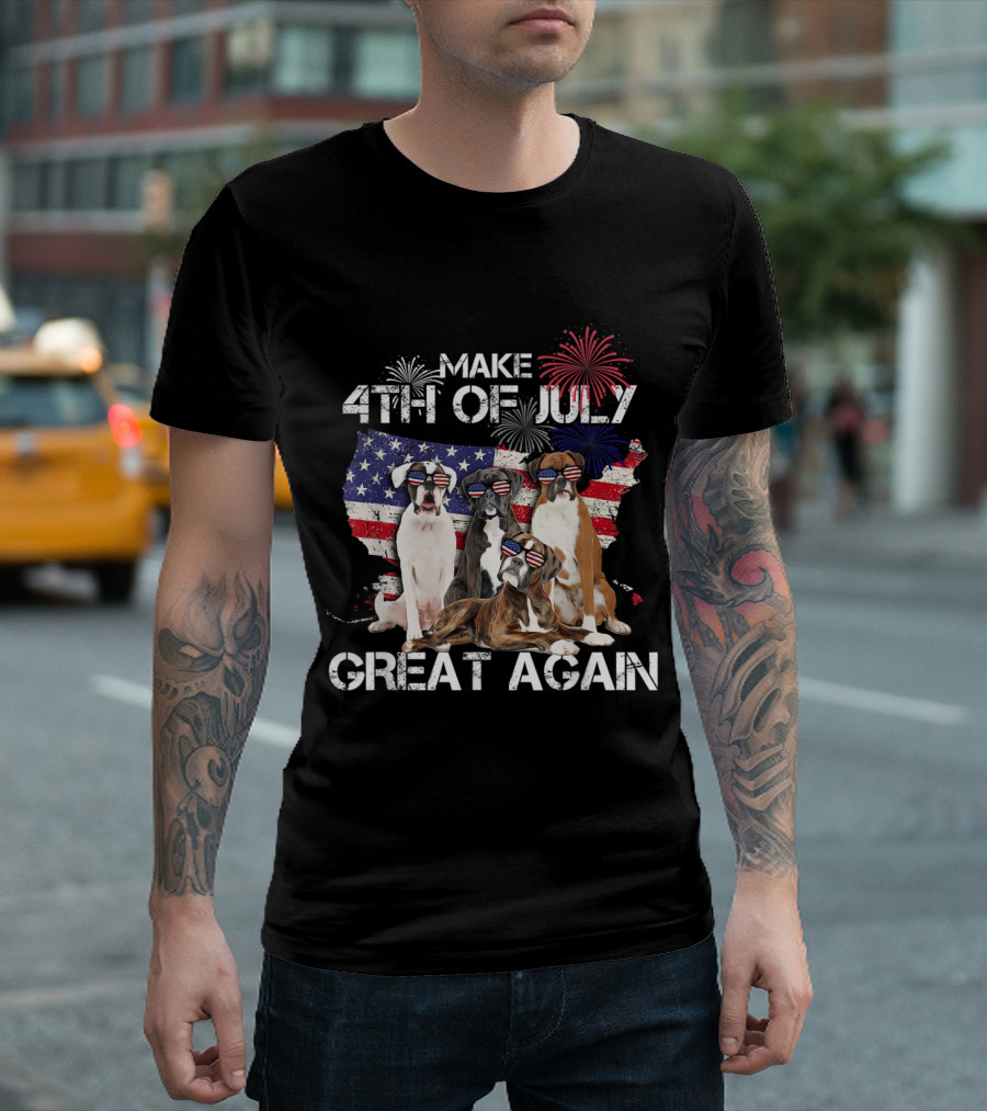 Make 4th of July Great Again Boxer Dogs USA Fireworks T-Shirt