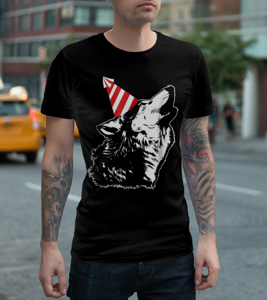 Wolf Wearing Striped Party Hat at T-Shirt